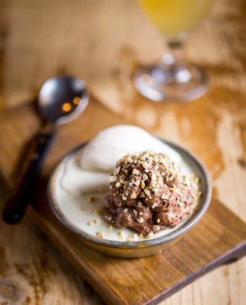 Banana panna cotta, hazelnut ice cream, chocolate mousse