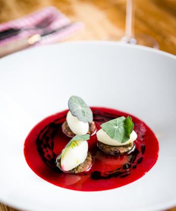 Cheddar cheese dumplings, smoked beetroot, elderberry, nasturtium & ox tongue
