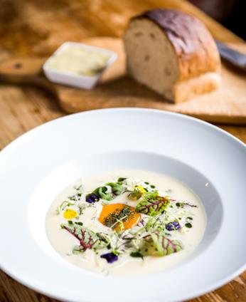 Potato & leek soup, smoked haddock, egg yolk & crème fraiche  